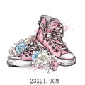 Detailed pink sneaker and floral heat transfer patch for DIY apparel, size 23x21.9cm - Canvas Shoe Floral Style (DH1131)