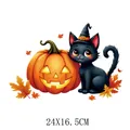 Cute cartoon black cat and pumpkin Halloween heat transfer sticker, size 24x16.5cm - DS0716 (Wizard Cat and Pumpkin)