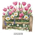 Decorative pink tulip and daisy garden heat transfer decal with 22x22cm size for DIY - Pastoral Floral Fence Scene (DF0204) / 22x22cm