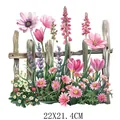 Pink floral garden with wood fence heat transfer iron-on patch sticker 22x21.4cm - Pink Purple Floral Fence Transfer (DF0205)