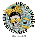 Autocollant transfert thermique tête de mort Dead Inside pour vêtement DIY deco - Crâne à Nœud à Pois avec Grains de Café (DH1559)