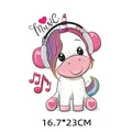 Cute cartoon unicorn heat transfer patch with music headphones and 16.7x23cm size annotation - Music Unicorn Style (DH0345)