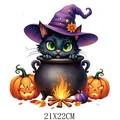 Halloween black cat in cauldron with pumpkins heat transfer patch for DIY T-shirts 21x22cm - DS0720 (Cauldron Black Cat)