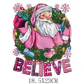 Pink Santa Claus Christmas heat transfer sticker for DIY clothing iron-on print decorative - 18.5x23cm