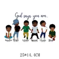 Religious theme heat transfer vinyl sticker with African American boys and motivational text - 25x14.4cm