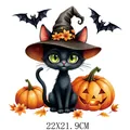 Halloween heat transfer decal featuring a cute black cat wearing a witch hat and pumpkin - DS0722 (Big Eyed Cat and Pumpkin)