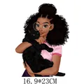 Cartoon illustration heat transfer patch featuring a girl with curly hair and a black cat - African Girl with Cat Pattern (DH0820)