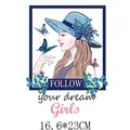 Iron-on heat transfer patch for clothing with elegant woman and butterfly design - Follow Your Dream Girl Pattern (DH0750)