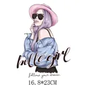 Trendy fashion girl heat transfer sticker patch with pink hat and stylish purple hair - Purple Hair Fashion Girl (DH0790)