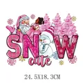 Pink Christmas Santa heat transfer sticker with SNOW cute design, 24.5x18.3 cm dimensions. - Cute Snowman and Girl (DH2052) / 24.5X18.3cm