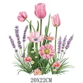 Vibrant pink floral heat transfer sticker featuring tulips and daisies, 20x22cm - Tulip Daisy Lavender Illustration (DF0215)