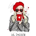 Fashion girl heat transfer patch with red beret and sunglasses for DIY clothing - Woman with Red Beret (DH0798)
