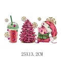 Pink Christmas theme heat transfer decal featuring tree, gifts and Santa hat illustration - 25X13.2cm