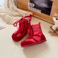 Vintage red suede and denim children's Martin boots with high-top trainer design - Size 26 (16.2cm) / Red