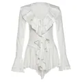 Elegante abito bianco con scollo a V, volant, maniche a campana e laccetti - Taglia S / Vestiti / Bianco