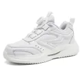 Professional white breathable mesh kids sneakers with easy rotating buckle lacing system - 28 / White Leather