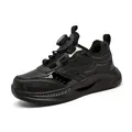 All-black children's sneaker featuring rotating knob closure and breathable mesh upper - 28 / Black Leather