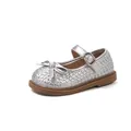 Elegant silver woven girls Mary Jane flats featuring a bow knot and comfortable soft sole - Size 23 Inner Length 15CM / Silver