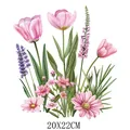 Decorative pink floral heat transfer sticker with tulip and daisy designs, 20x22cm size - Fresh Aesthetic Hand-Drawn Floral (DF0226)