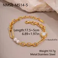 Detail view of elegant stainless steel bracelet featuring heart zircon and pearls. - Gold