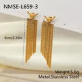 Detailed view of 6cm long gold stainless steel snake chain tassel earrings - 18K Gold / Gold (NMSE-L659-3)