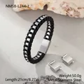 Detailansicht von geflochtenem Armband aus schwarzem Leder und Edelstahl mit Verschluss - Schwarz Silber (NMSB-L244-1)