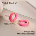 Close-up of pink enamel stainless steel hoop earrings with size and weight dimensions - Hot Pink