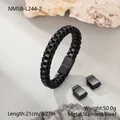 Nahaufnahme eines minimalistischen schwarz geflochtenen Lederarmbands mit Edelstahlschnalle. - Full Black (NMSB-L244-2)