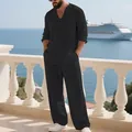 Heren zwart linnen casual tweedelig vakantiesetje met een shirt met lange mouwen en een broek - S / Boven- En Onderstuk / Zwart