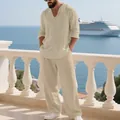 Luxe beige linnen herenset in vakantiestijl met shirt met lange mouwen en lange broek - S / Boven- En Onderstuk / Licht kaki