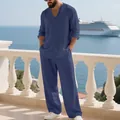 Casual donkerblauw linnen pak voor heren met shirt met lange mouwen en lange broek - S / Boven- En Onderstuk / Marineblauw