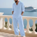Heren linnen set met lange mouwen shirt en broek in lichtblauw voor een vakantie - S / Boven- En Onderstuk / Lichtblauw