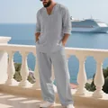 Lockeres hellgraues Leinen-Set mit Langarmshirt und Hose für Herren für den Urlaub - Grau