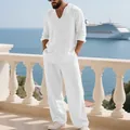 Weißes Herren-Leinen-Resort-Set mit Langarm-V-Ausschnitt-Hemd und weiter Hose - Weiß