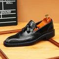 Classic black leather tassel loafers with blue sole stitching and brogue detailing - 38 / Black (Blue Edge)
