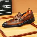 Classic brown leather tassel loafers with wingtip brogue detailing and blue welt stitching - 38 / Brown (Blue Edge)