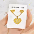 Gold stainless steel jewelry set featuring hollow double heart necklace and earrings - Double Heart Nesting Style (TT-174) / Gold