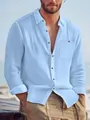 Detail of mens light blue long sleeve linen shirt with button-down collar and chest pocket. - Sky Blue
