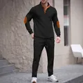 Men's casual two-piece tracksuit set with contrast elbow patches and button collar - S / Top And Bottom / Black