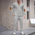 Men's grey 2-piece tracksuit set with orange elbow patches and buttoned stand collar - S / Top And Bottom / Gray