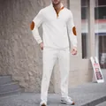 Premium men's white two-piece tracksuit with stand collar and contrast elbow patches - S / Top And Bottom / White