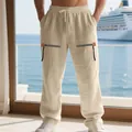 Pantalon en lin pour homme avec taille à cordon et poches zippées élégantes, coupe décontractée - Khaki Clair