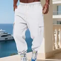 Professional detail shot of white men's fleece cargo sweatpants with pockets and drawstring. - S / Bottoms / White