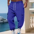 Men's blue fleece cargo pants with drawstring and multi-pockets for casual winter wear. - S / Bottoms / Sapphire Blue