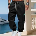 Pantaloni cargo sportivi da uomo neri, pesanti e felpati, vestibilità ampia con lacci. - Nero