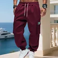 Pantaloni cargo pesanti in pile bordeaux da uomo con tasche multiple e coulisse - Borgogna