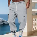 Detail view of men's gray fleece cargo sweatpants with drawstring and side pockets - Light Gray