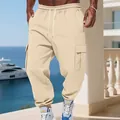 Mens fleece lined cargo joggers with multiple pockets and drawstring waist in beige khaki - Apricot