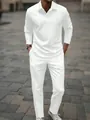 Detalle de conjunto masculino blanco con polo de manga larga y pantalón de jacquard. - Blanco