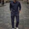 Conjunto de polo y pantalón jacquard azul marino para hombre con textura de espiga - Azul marino